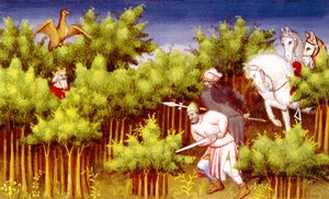 Ms Fr 2810 f.200v, Gengis Khan échappe à ses ennemis en se cachant dans les buissons, du Livre des Merveilles du Monde, c.1410-12 - French School